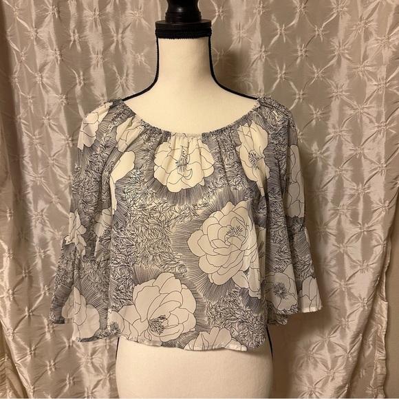 Audrey 3+1 White Floral Off the Shoulder Semi Sheer Blouse Bohemian Half Sleeve - Picture 1 of 11